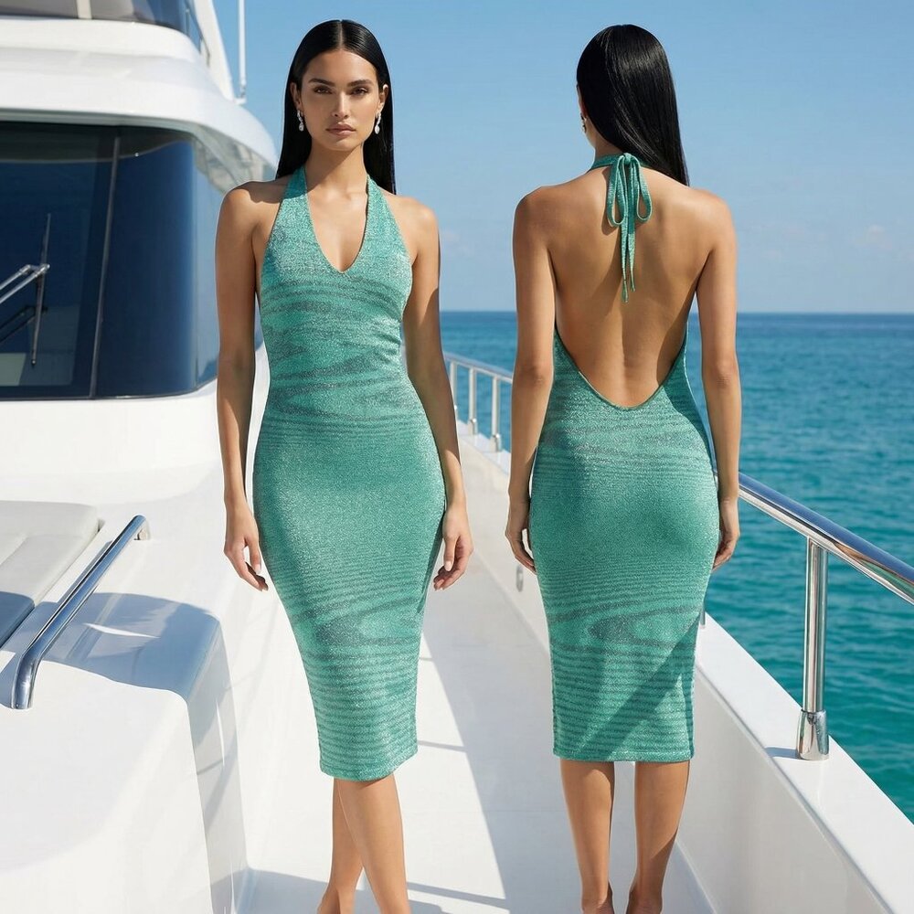 NWT $148 REVOLVE RUMORED Riptide knit midi halter dress emerald L